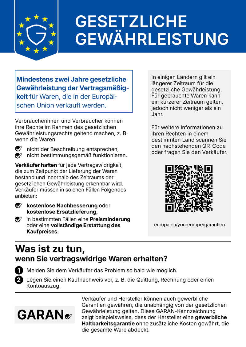 EU-Hinweis: Mindestens zwei Jahre gesetzliche Gewährleistung