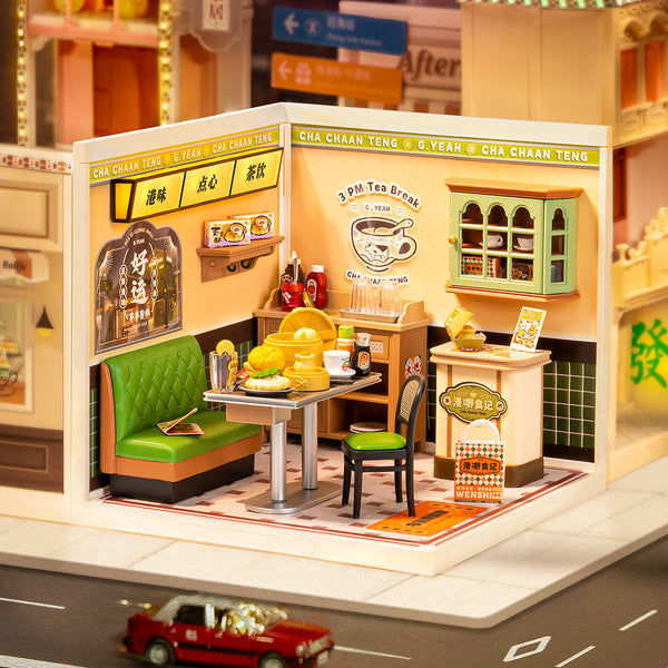 Rolife Super Creator Hong Kong Bites Cafe Frontansicht mit Küchenzeile und Details