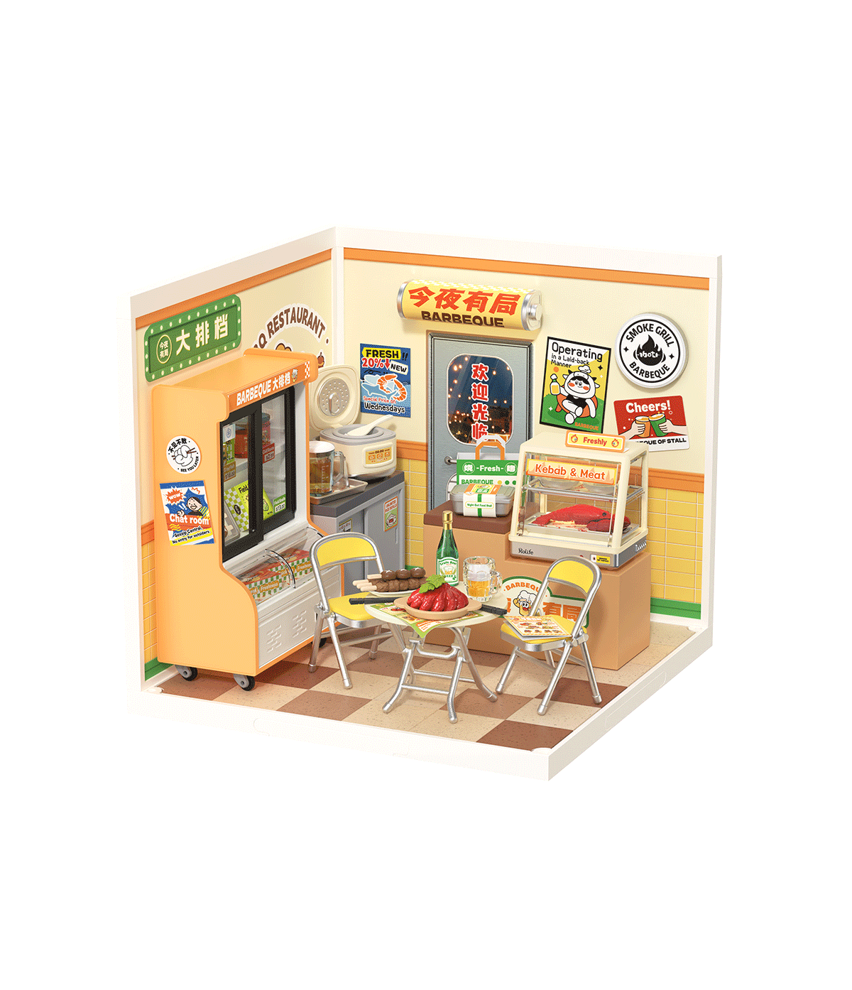 Rolife Super Creator Night Out Food Stall mit Neonakzenten und Werbeschildern