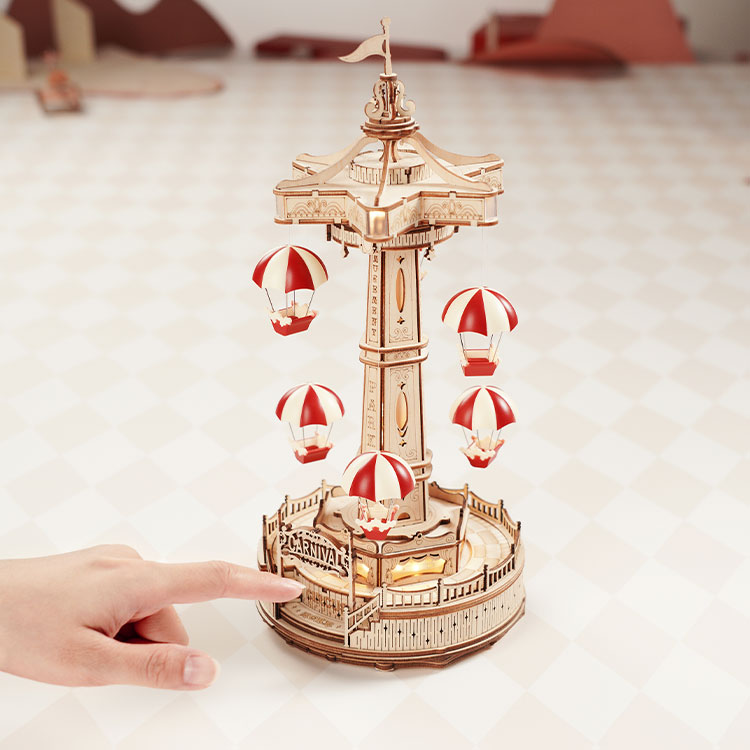 3D Holzpuzzle für Erwachsene: Fallschirmturm von ROKR mit sechs Fallschirmen und Körben
