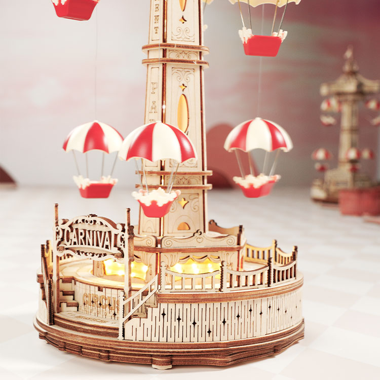 ROKR 3D Holzpuzzle Fallschirmturm Detailansicht der Stufen zur Einstiegsplattform