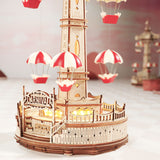 ROKR 3D Holzpuzzle Fallschirmturm Detailansicht der Stufen zur Einstiegsplattform