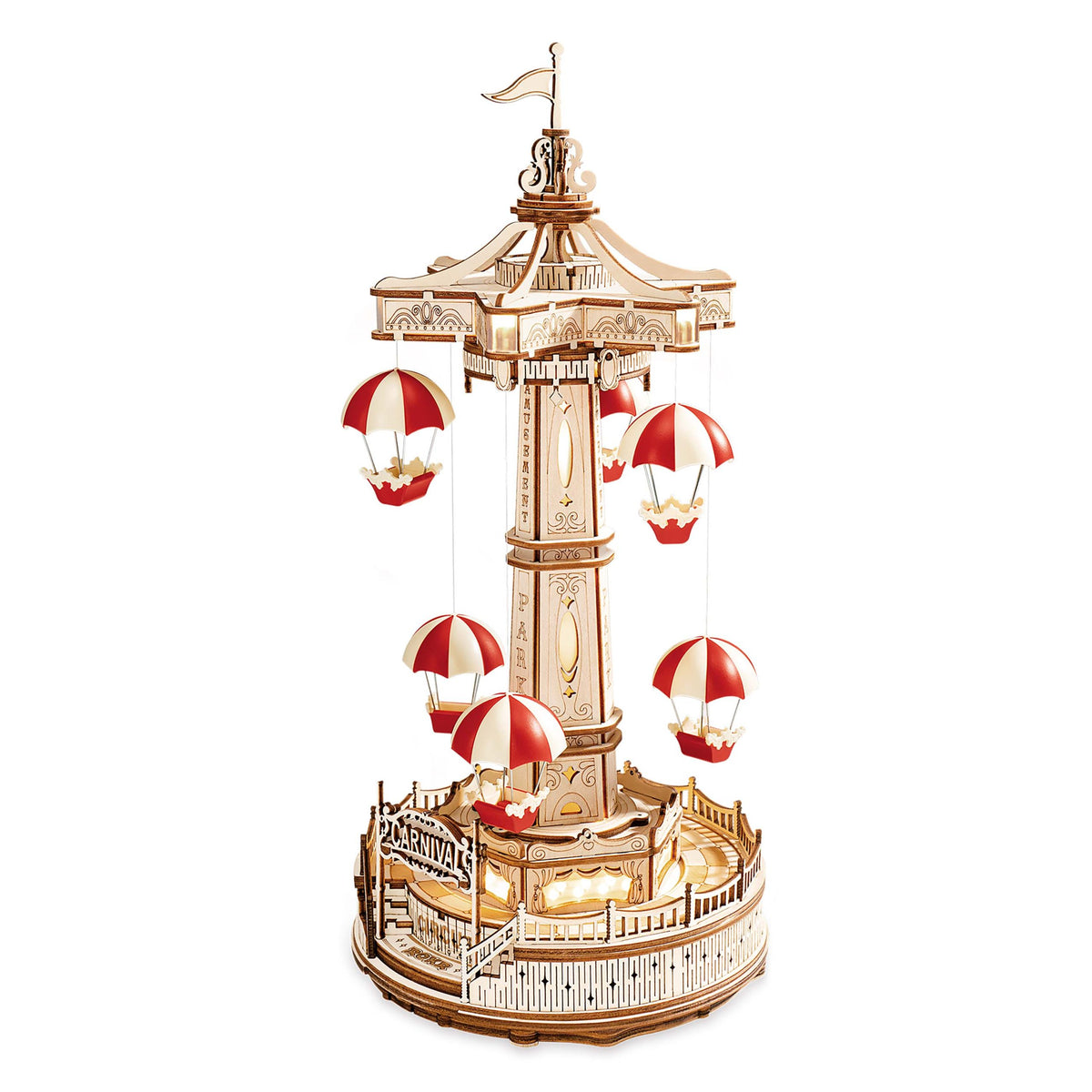 ROKR Fallschirmturm 3D Holzpuzzle Spieluhr EA01 fertig aufgebaut mit rot-weißen Fallschirmen