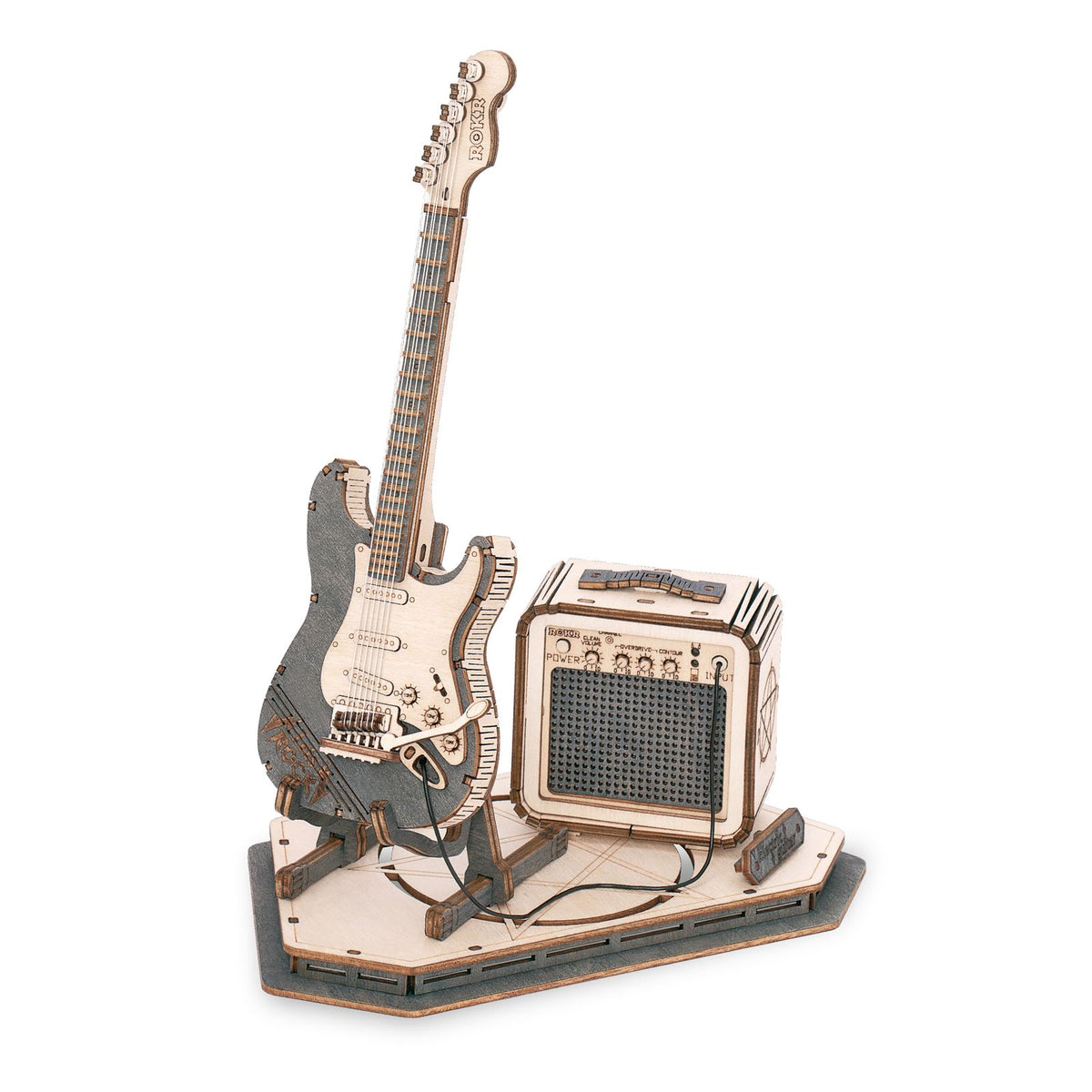 3D Holzpuzzle E-Gitarre von ROKR mit Verstärker, fertig aufgebaut