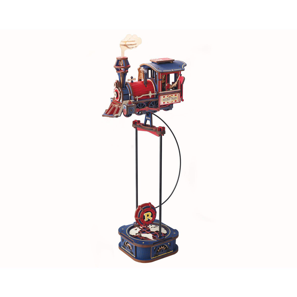 ROKR 3D Holzpuzzle Fahrzeug Power Express MCD07 als schwingende Lokomotive in Rot und Altblau