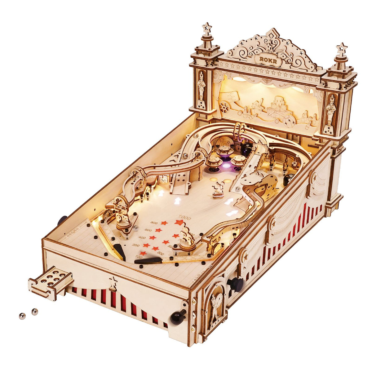 ROKR 3D Holzpuzzle Flipperautomat EG01 – fertig gebautes Modell mit LED-Beleuchtung