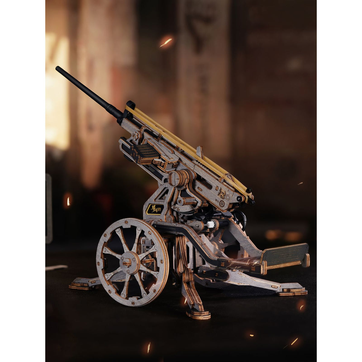 Mechanisches 3D Holzpuzzle Flugabwehrkanone mit Drehsystem von 90 bis 130 Grad