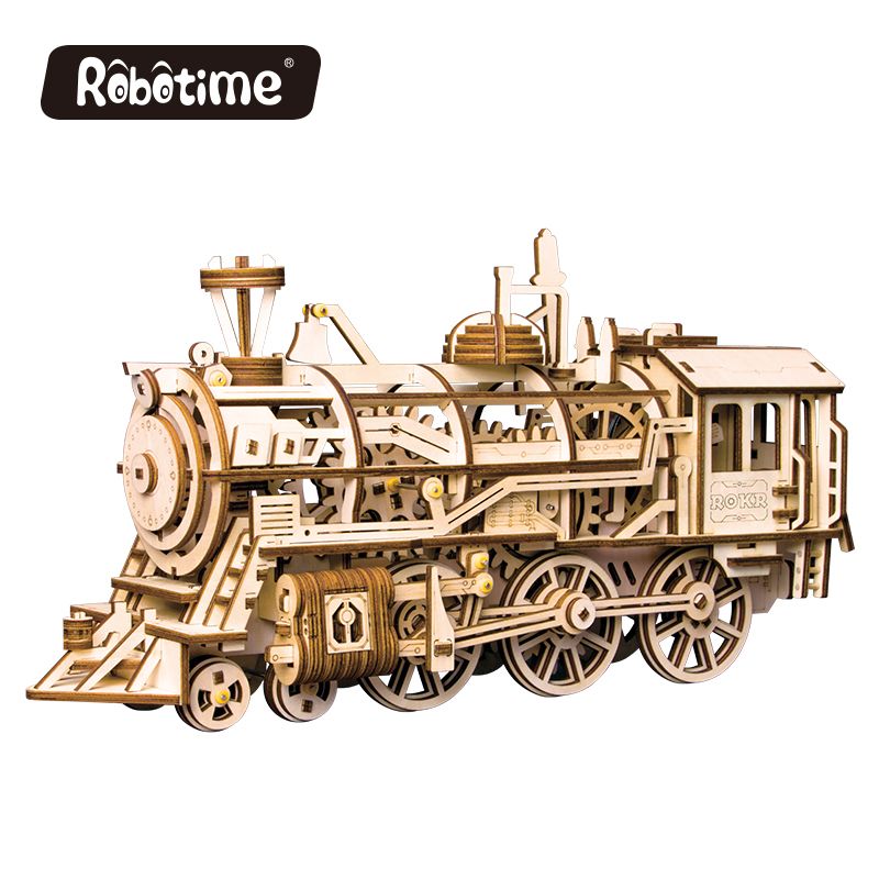 Holzbausatz Lokomotive ROKR LK701 mit Glocke und Pfeife im Detail