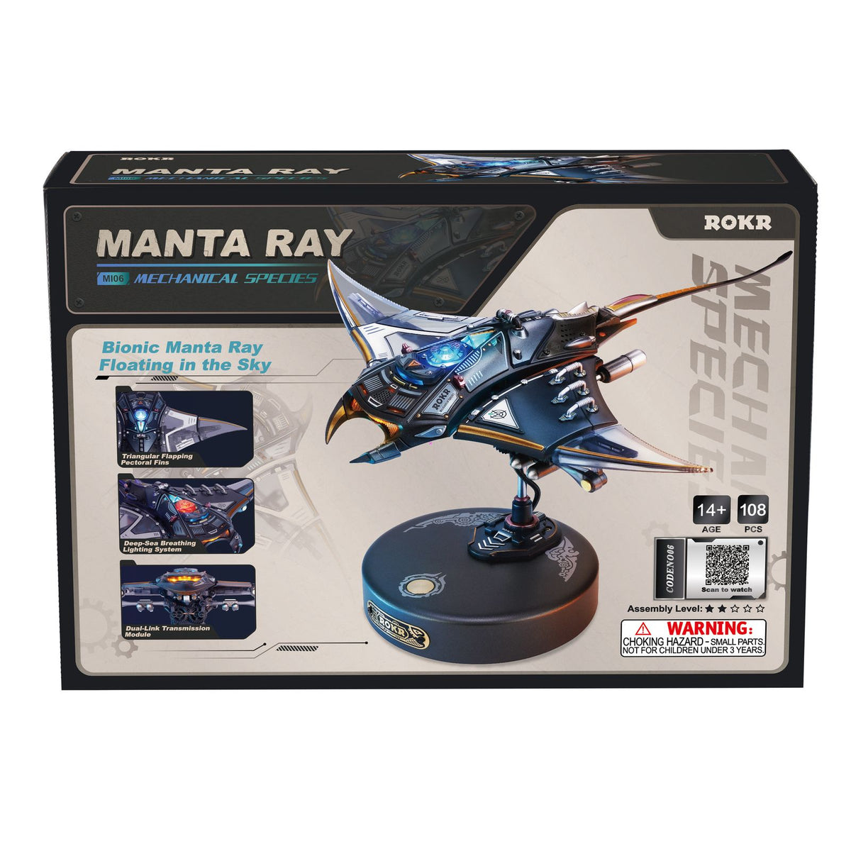 ROKR Manta Ray MI06 – 3D Holzpuzzle mechanisch, fertiges Modell 19,2 × 20,6 × 14,2 cm