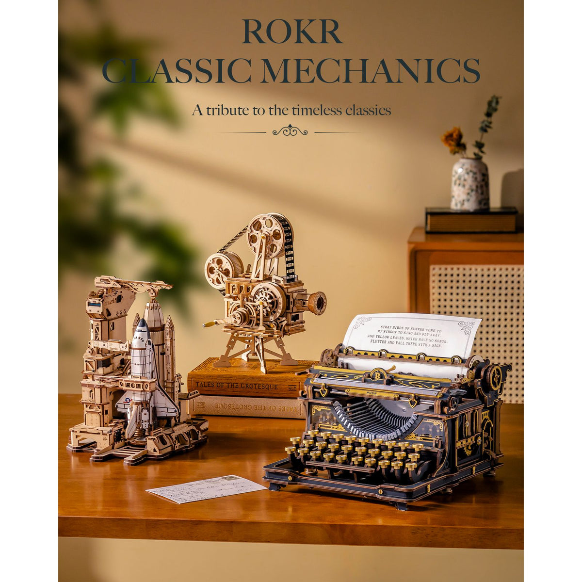 Klassik – Farbband und filigrane Details am 3D Holzpuzzle Mechanical Typewriter
