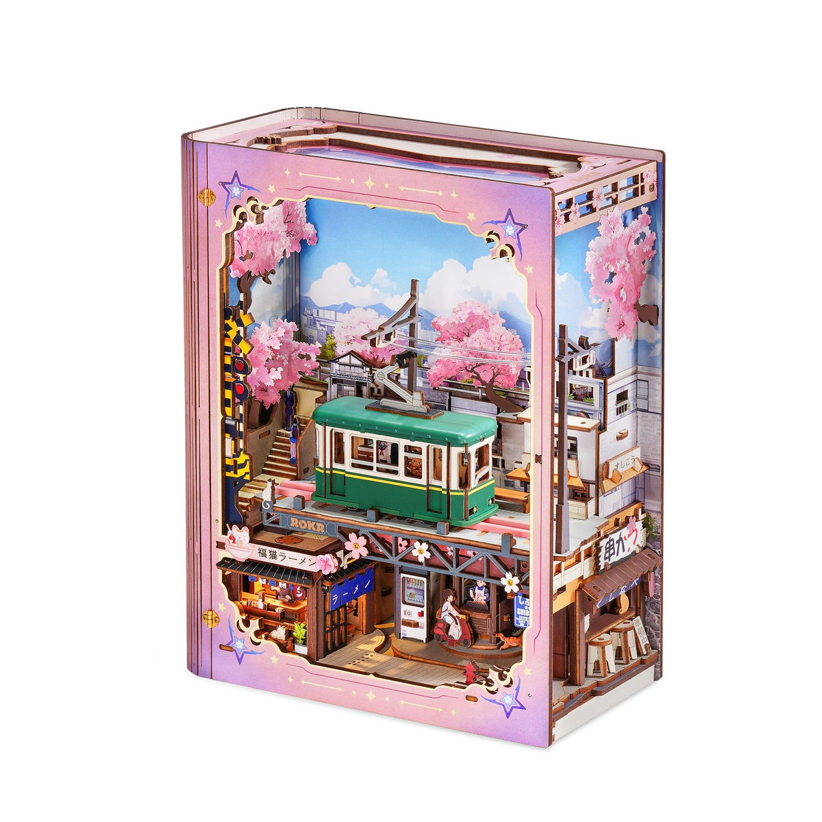 ROKR 3D Holzpuzzle Strolling in the Sunshine LKS01 – japanische Straßenbahn mit Sakura-Kirschblüten