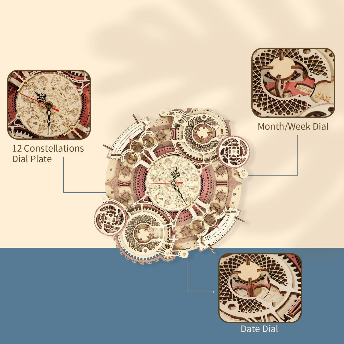 Uhr Bausatz aus Holz ROKR Zodiac Wall Clock – Frontansicht mit Tierkreiszeichen
