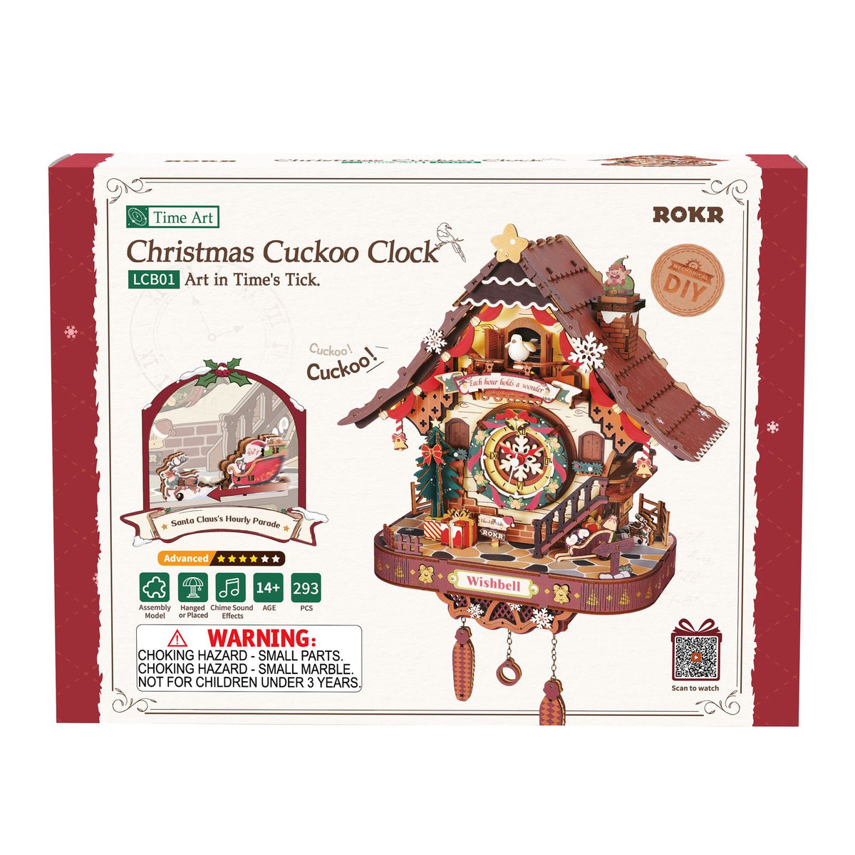 ROKR Kuckucksuhr Bausatz mit Weihnachtskranz, roten Zeigern und Schneeflocke