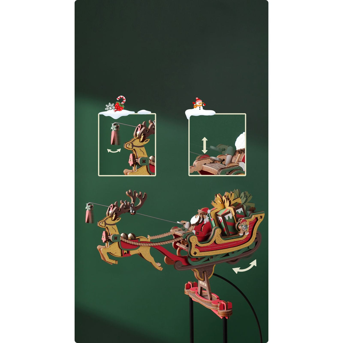 Sockel des Holzbausatzes mit Weltkarte und Schneeflocke, ROKR Santa on Skis