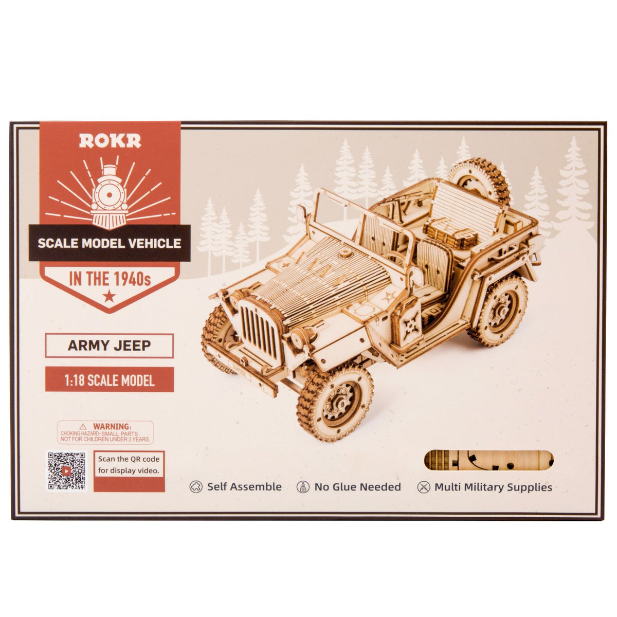Innenraum des Holz-Jeeps mit Mittelkonsole, Pedalen und Werkzeugkasten