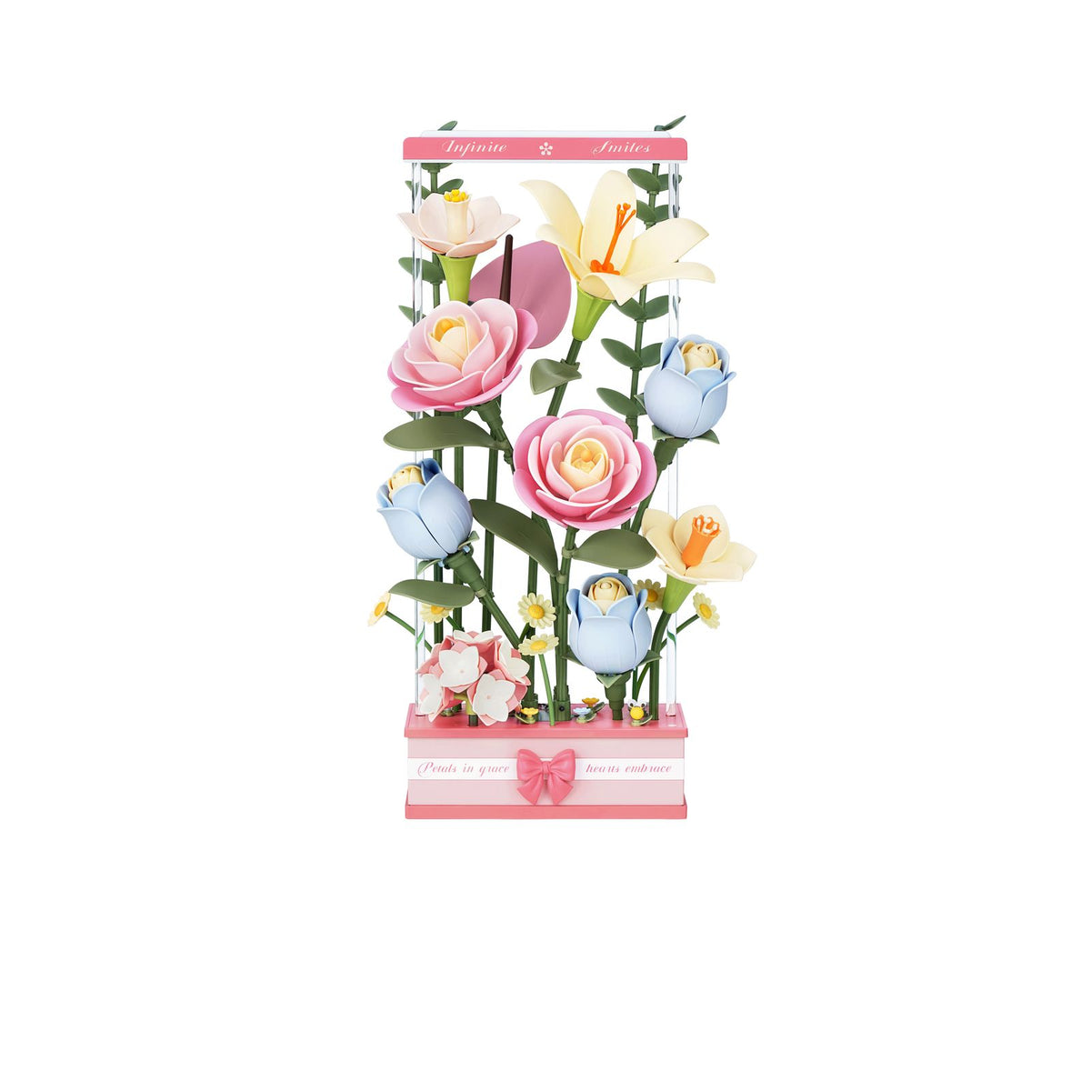 Blumenbox Bausatz von ROKR mit Kamelien, Lilien und Rosen in voller Blüte