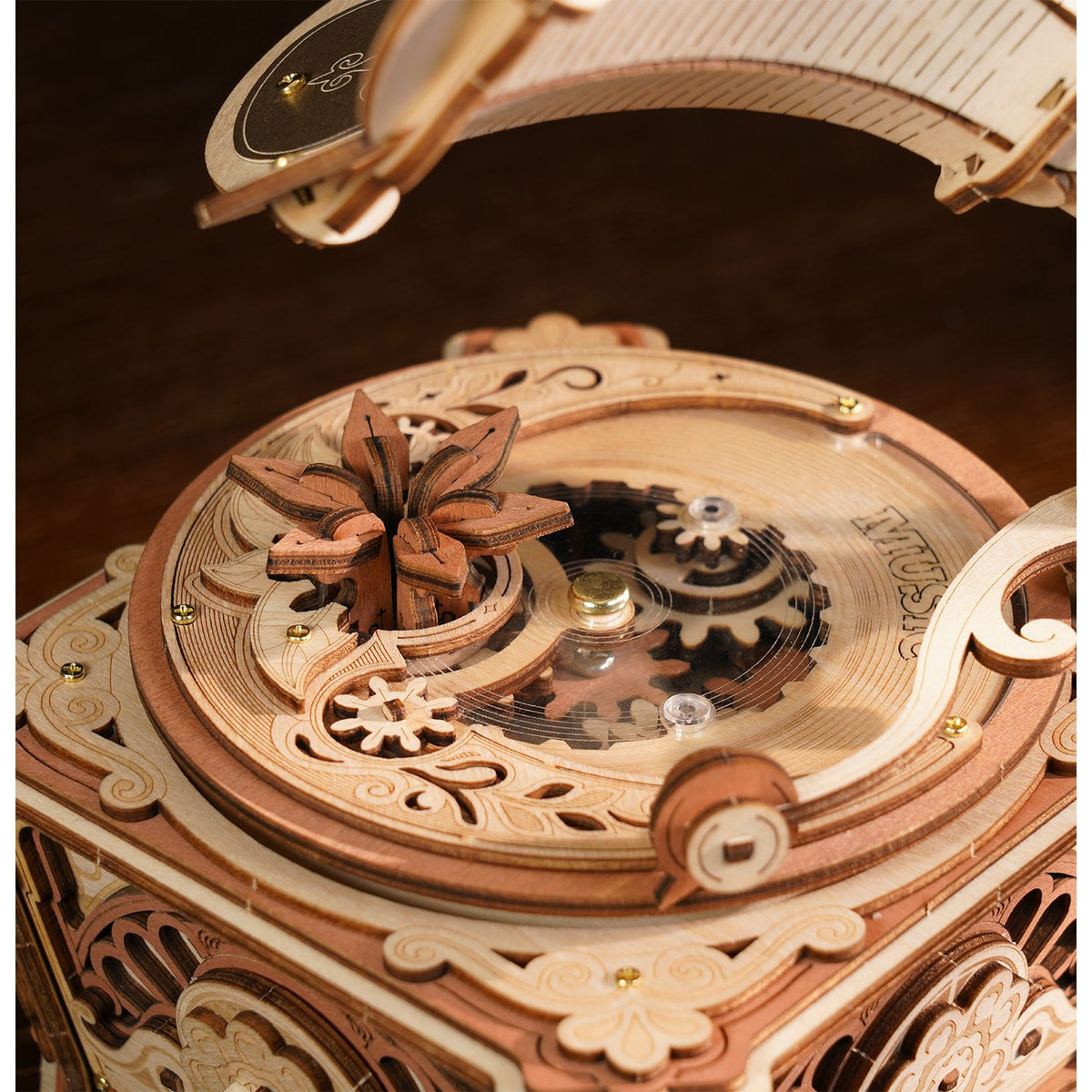 Holzzahnräder und Mechanismus der Diva Gramophone Spieluhr