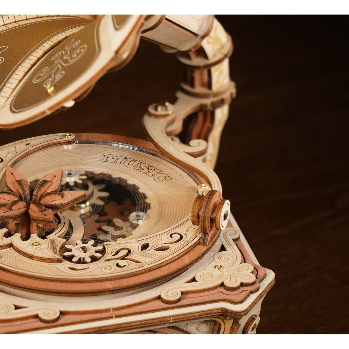 Filigran verzierte Seiten des Diva Gramophone Holzgrammophons