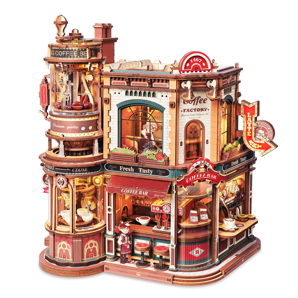 ROKR Dream Coffee Factory 3D Holzpuzzle EAB02 fertig aufgebaut mit LED-Beleuchtung