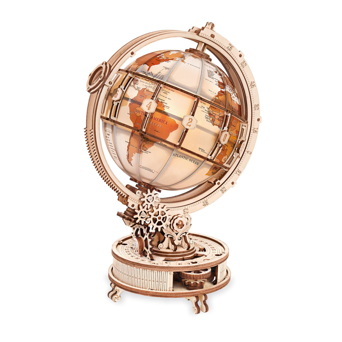 ROKR Holzpuzzle Globus Luminous Globe ST003D fertig aufgebaut mit warmem Licht
