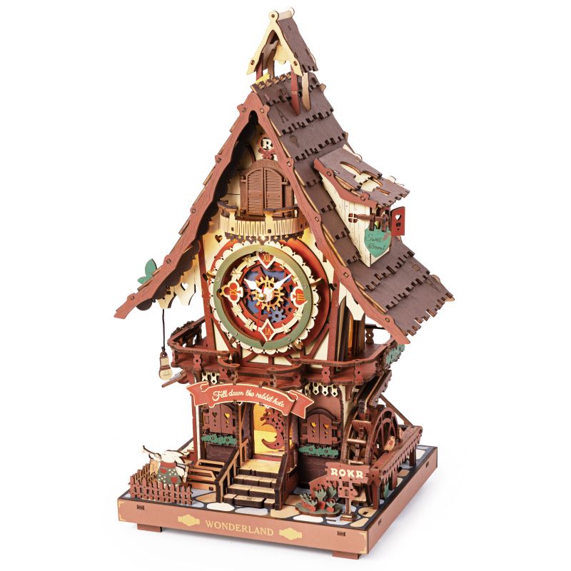 ROKR Kuckucksuhr 3D Holzpuzzle LC901C fertig aufgebaut im Wunderland-Design