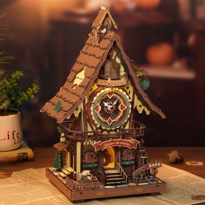 3D Holzpuzzle Uhr ROKR LC901C mit Kaninchen und Trompete