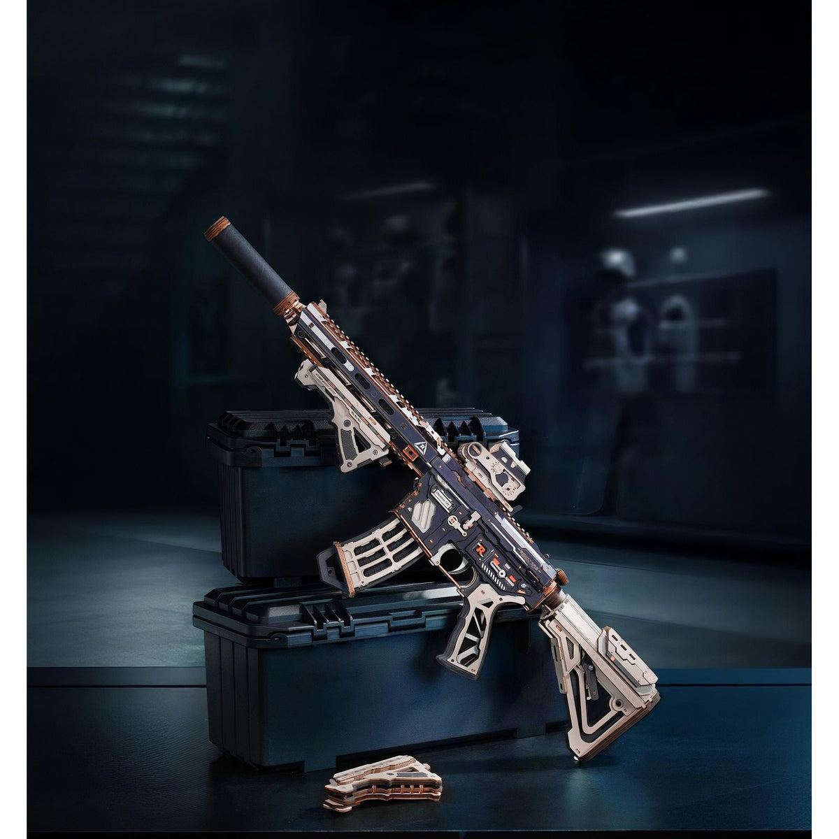 ROKR M416 Carbine mit verstelltem Schaft als mechanisches 3D Holzpuzzle