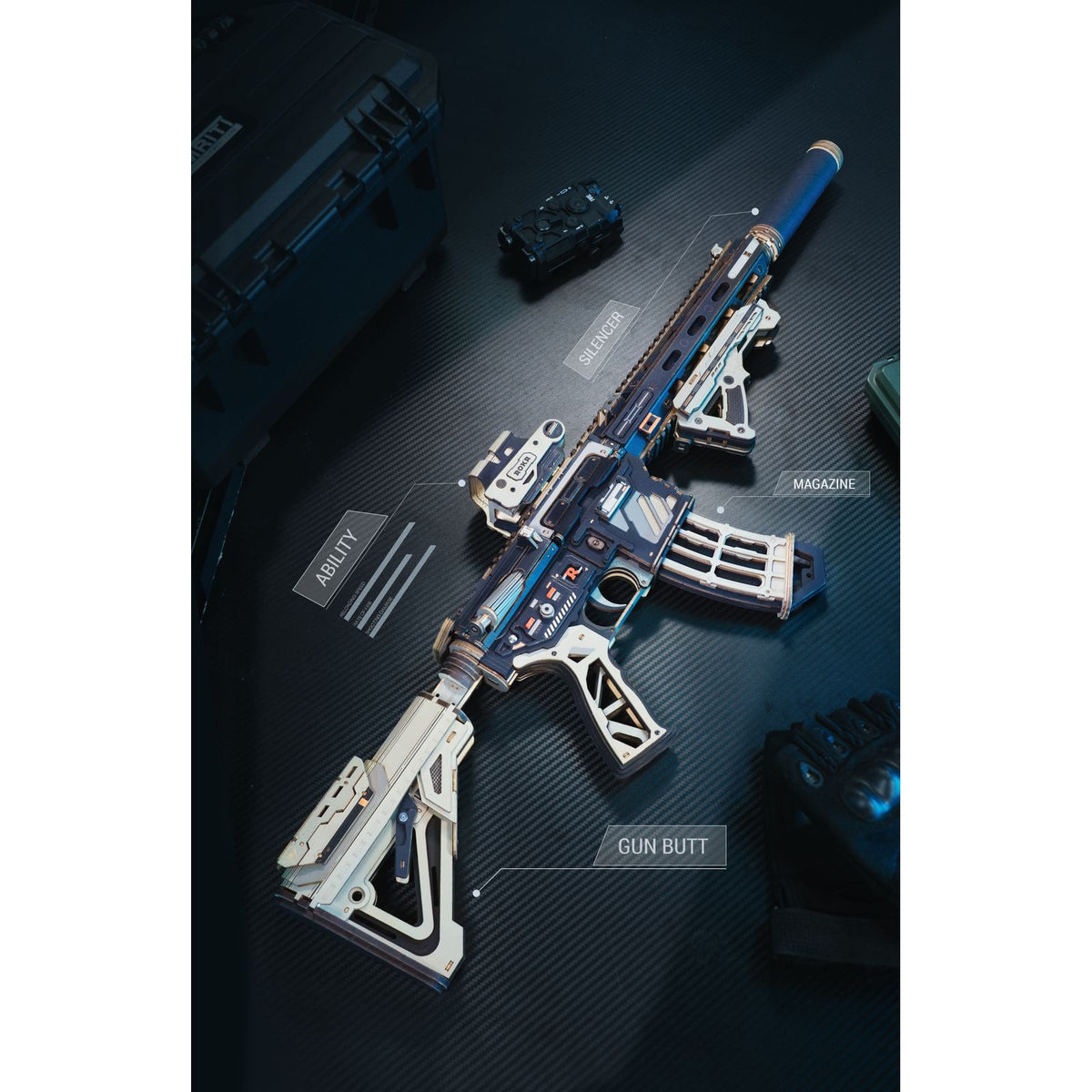 ROKR M416 Carbine Gummiband-Mechanismus am fertigen Holzmodell