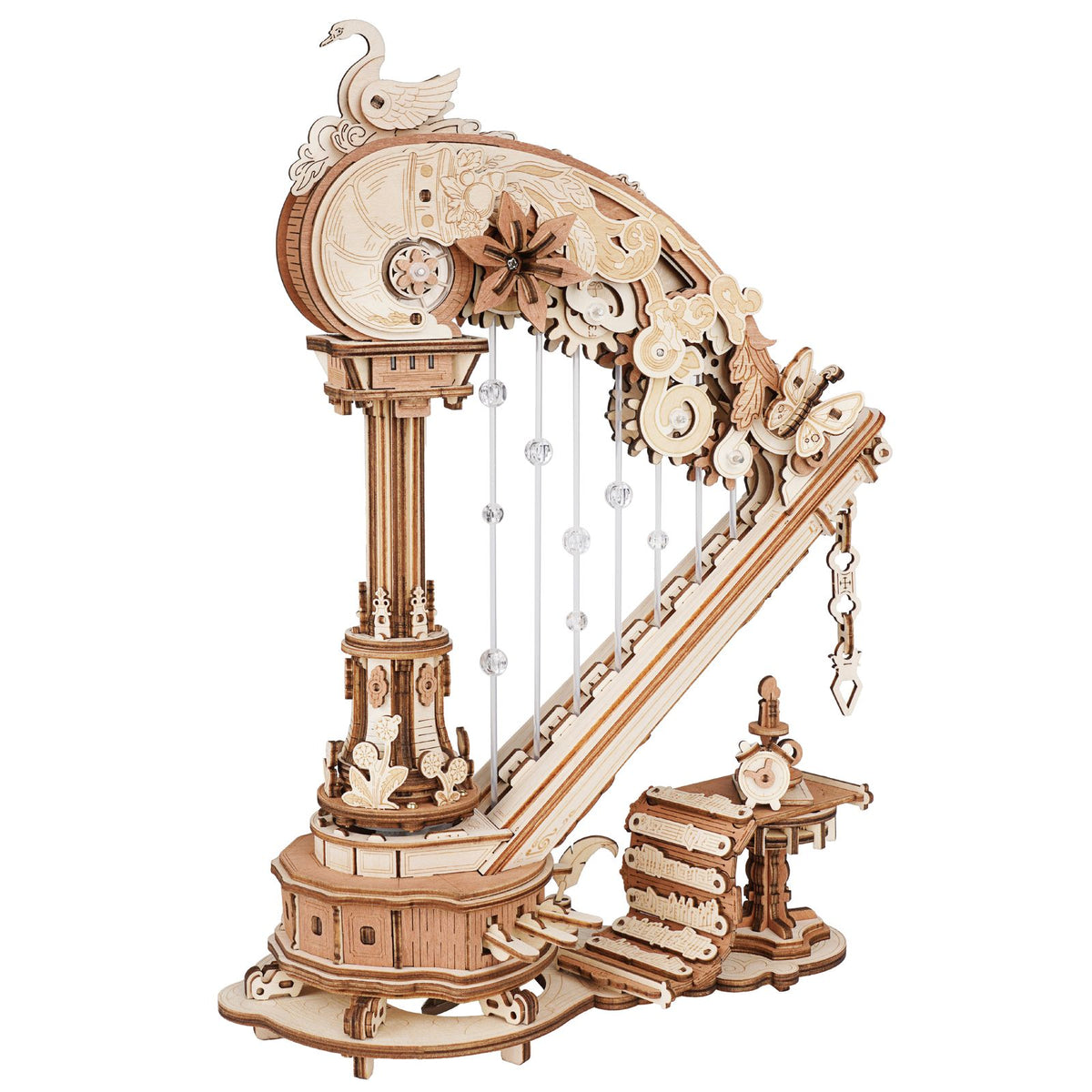 Magic Harp Spieluhr Seitenansicht mit Hals und Saiten aus Holz