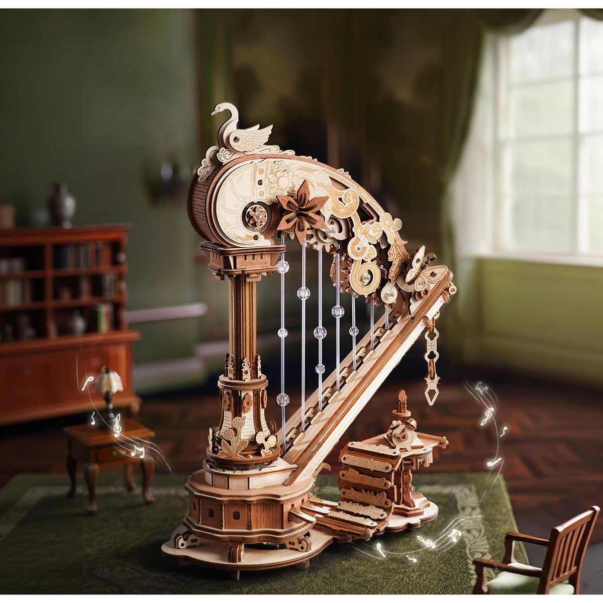 Magic Harp Spieluhr Mechanik: Fuß und Hals drehen sich gegeneinander