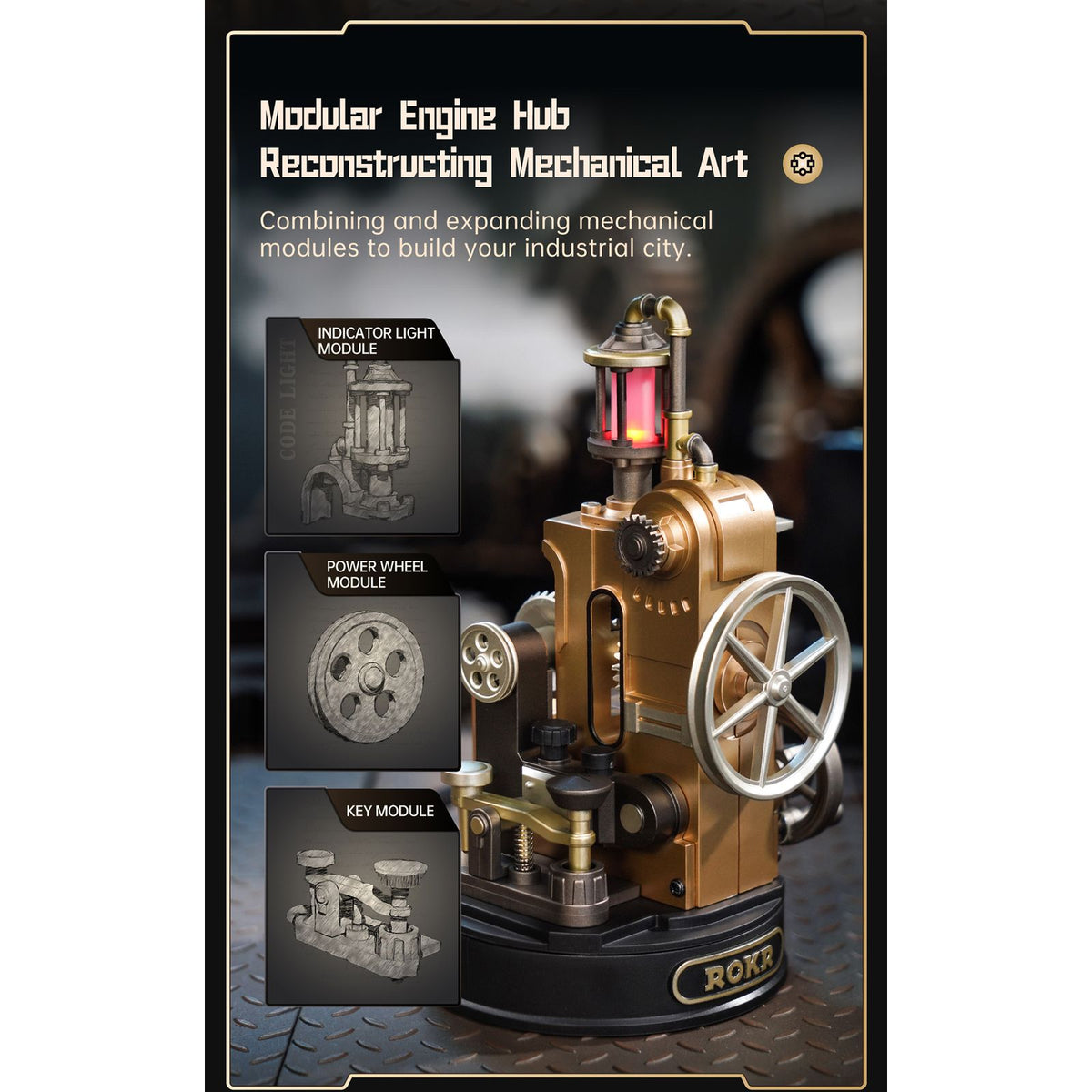 ROKR Morse Telegraph CGM02 Seitenansicht mit Zahnrädern und Kegelradset