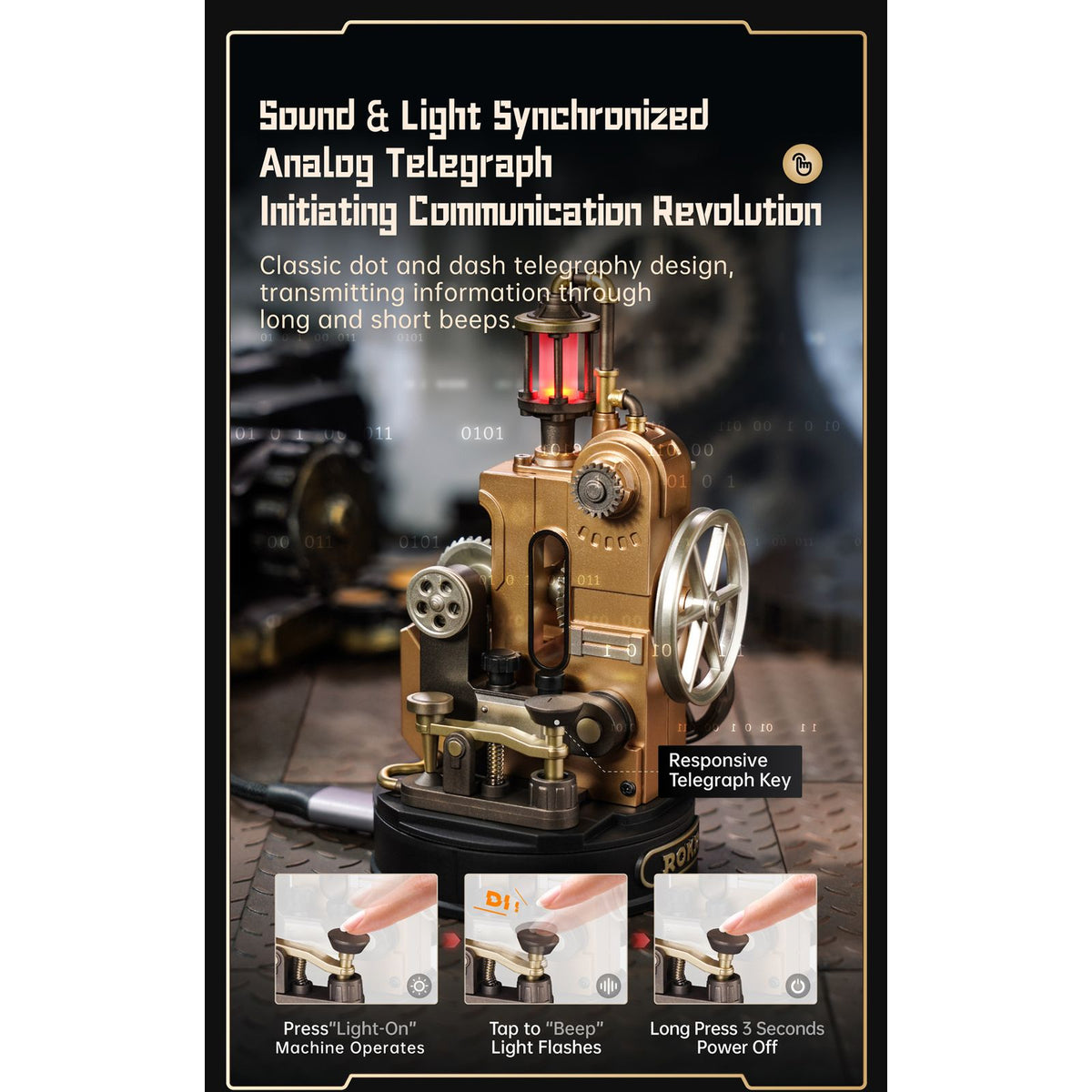 ROKR Morse Telegraph mit leuchtender dunkelroter Kontrolllampe