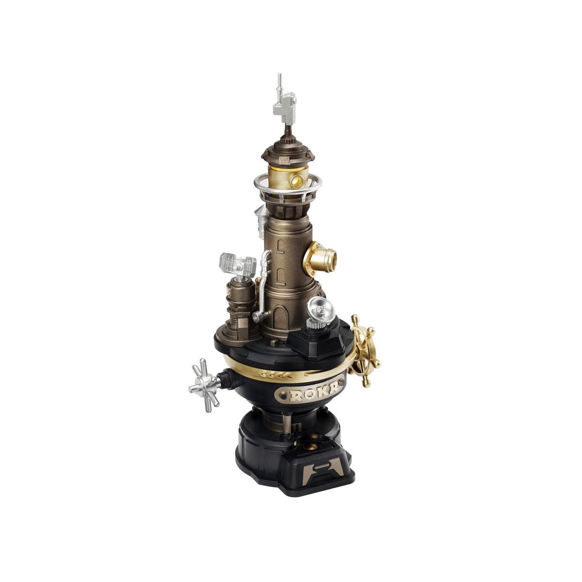 Fertig gebauter ROKR Navi Lighthouse als Retro Leuchtturm auf einem Schreibtisch