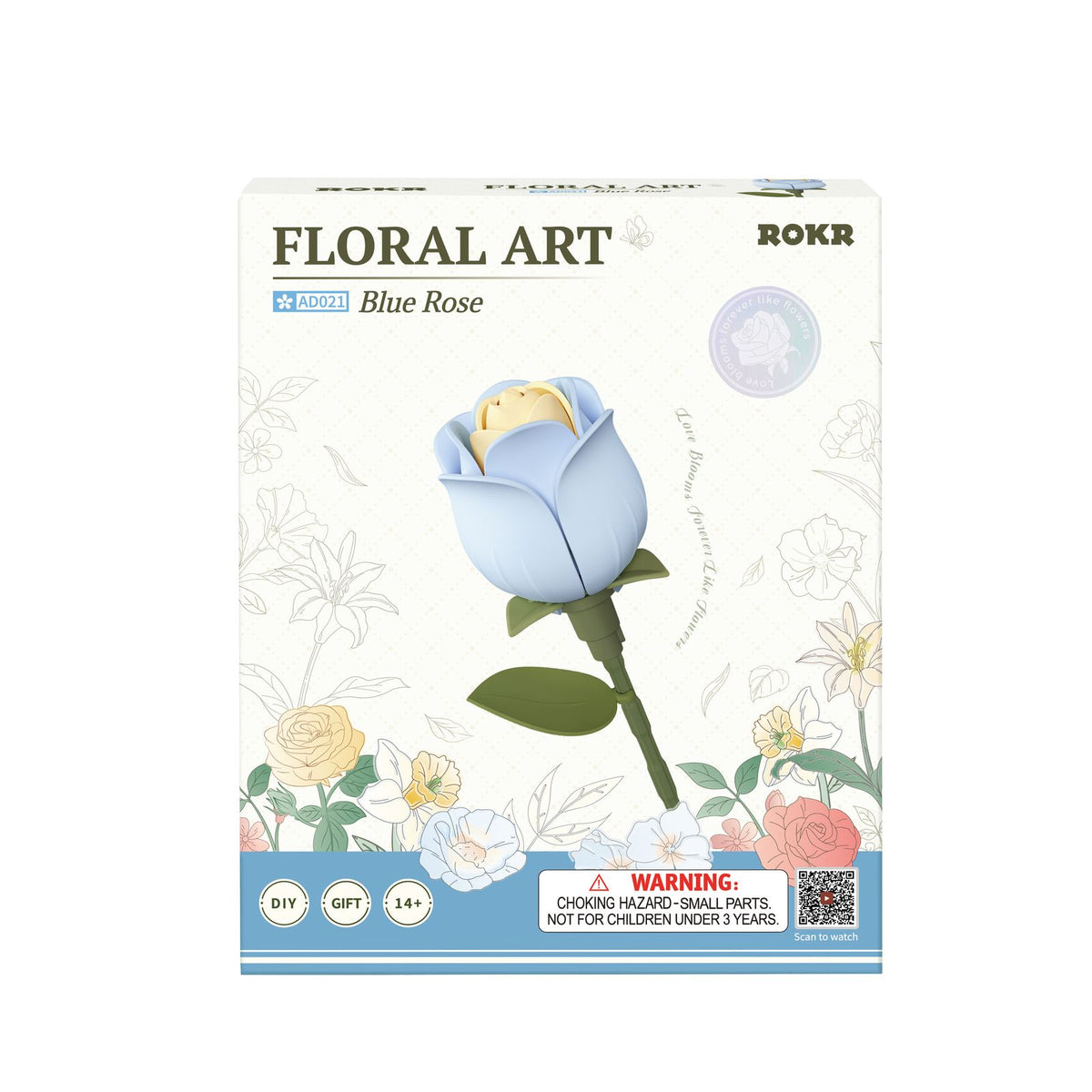 Blau – Kunstblume zum Selberbauen: ROKR Rose aus 37 Teilen, fast 35 cm hoch, ohne Kleber gesteckt