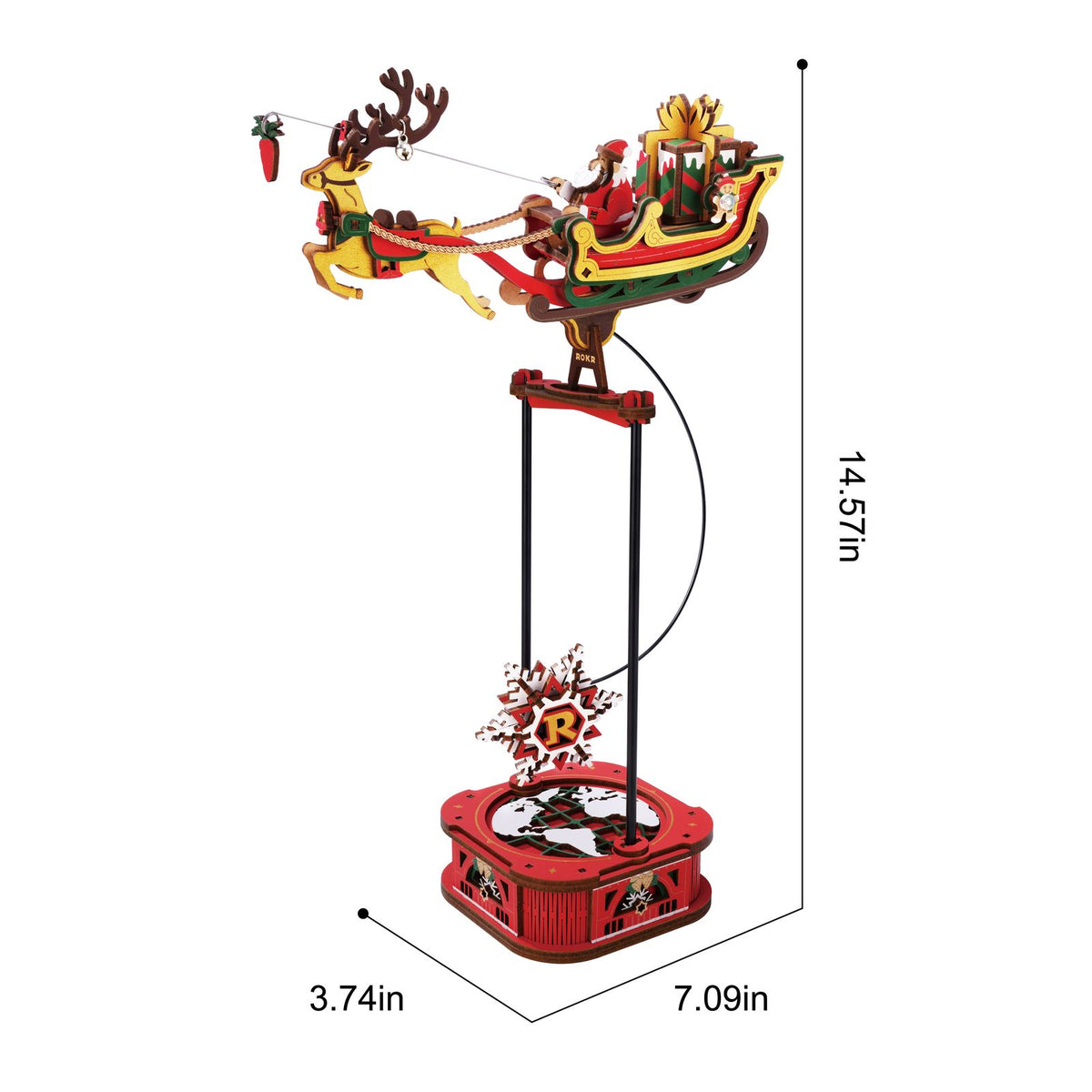 Weihnachtsmann auf Schlitten mit Rentier als Pendeluhr-Bausatz aus Holz von ROKR