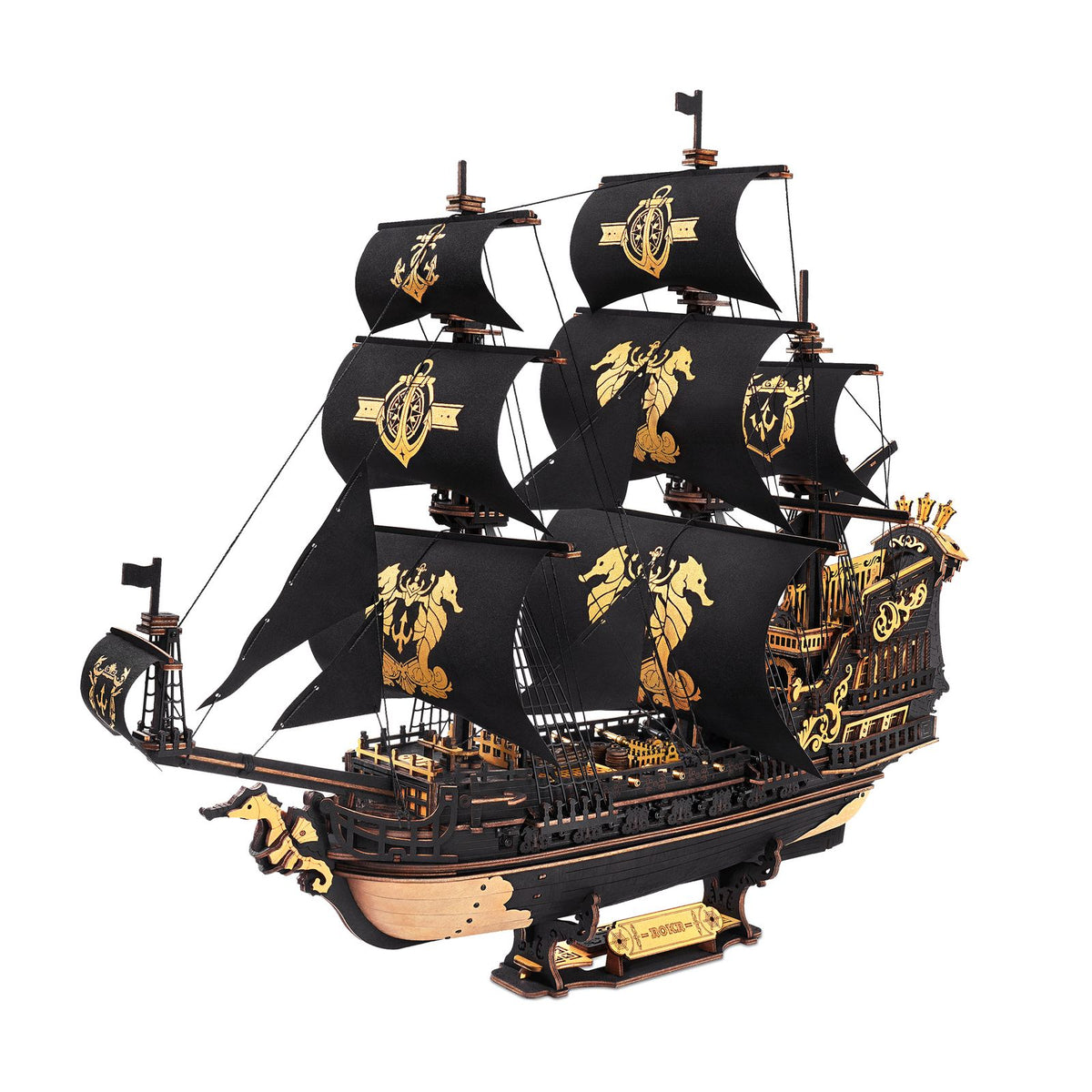 ROKR Seepferd-Barke 3D Holzpuzzle MCB02 – fertiges Segelschiff in Schwarz und Gold
