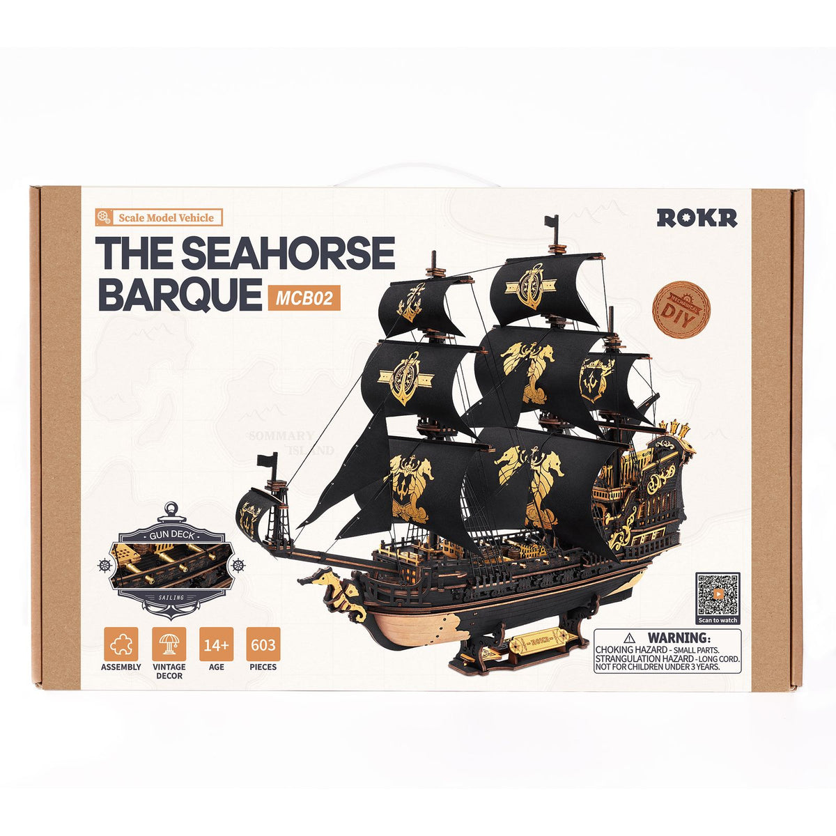 ROKR Seepferd-Barke Schiffsmodell aus Holz, Gesamtansicht des fertigen Segelschiffs