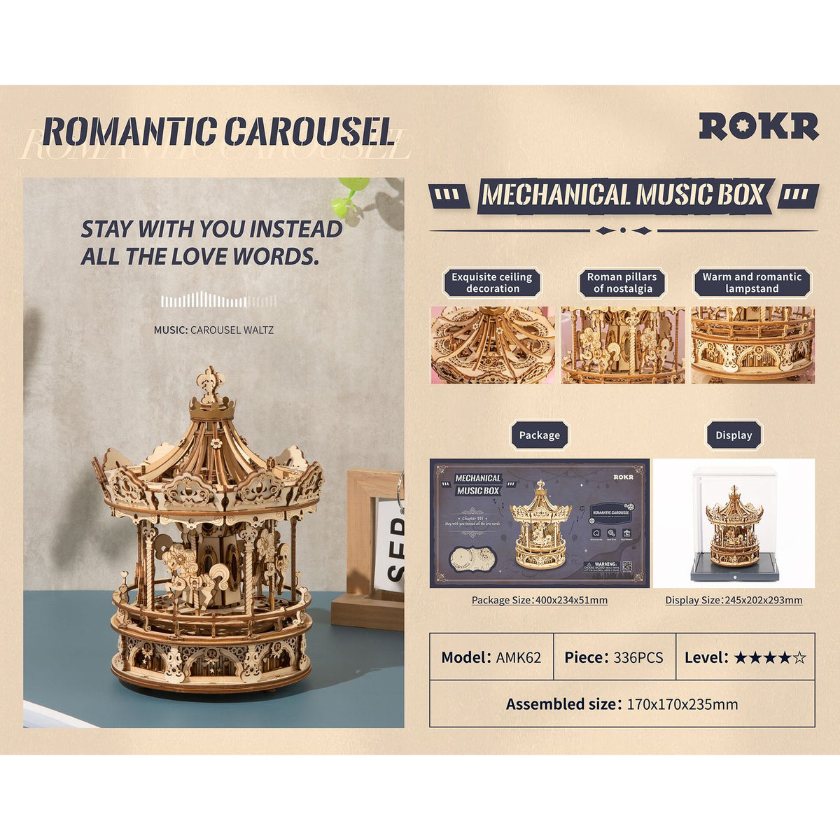 ROKR Spieluhr Karussell Romantic Carousel AMK62 3D Holzpuzzle fertig aufgebaut
