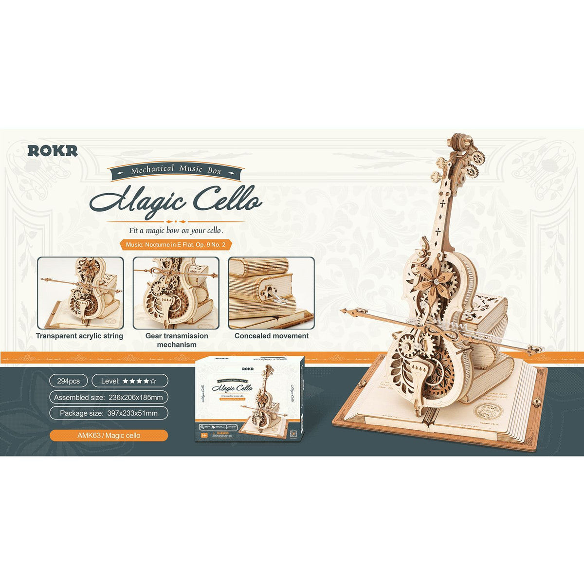 ROKR Magic Cello AMK63 Seitenansicht mit sichtbaren Rädern