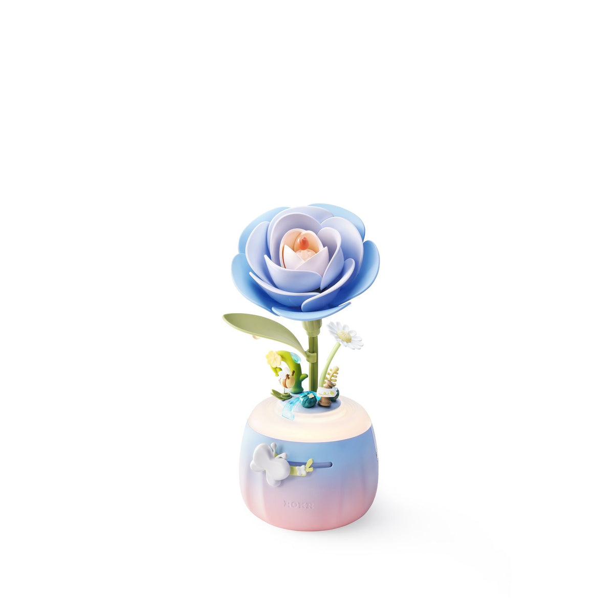 Blaue Kamelienblüte mit rosa-gelbem Herz, ROKR Starry Camellia Lamp Detail