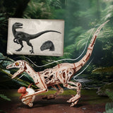 ROKR Velociraptor LD01 Seitenansicht des laufenden Holzdinosauriers aus hellem Holz