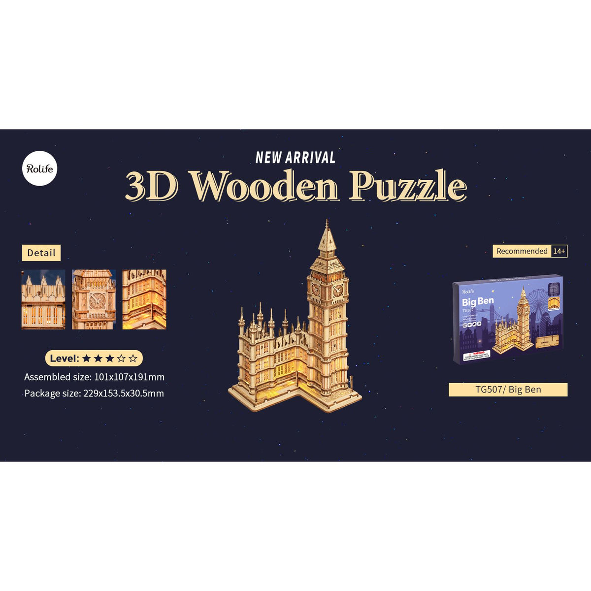 Rolife 3D Holzpuzzle Big Ben als Geschenk und Deko für Regal oder Schreibtisch