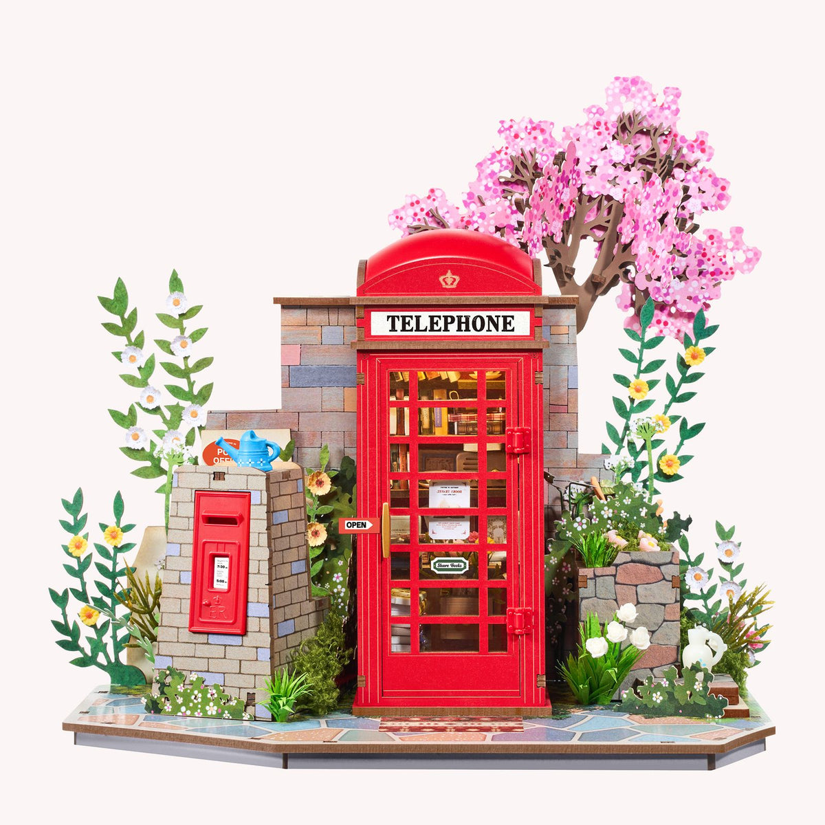 Rolife 3D Holzpuzzle Blossom Book Booth TGS05 – rote Bücherzelle unter blühendem Kirschbaum