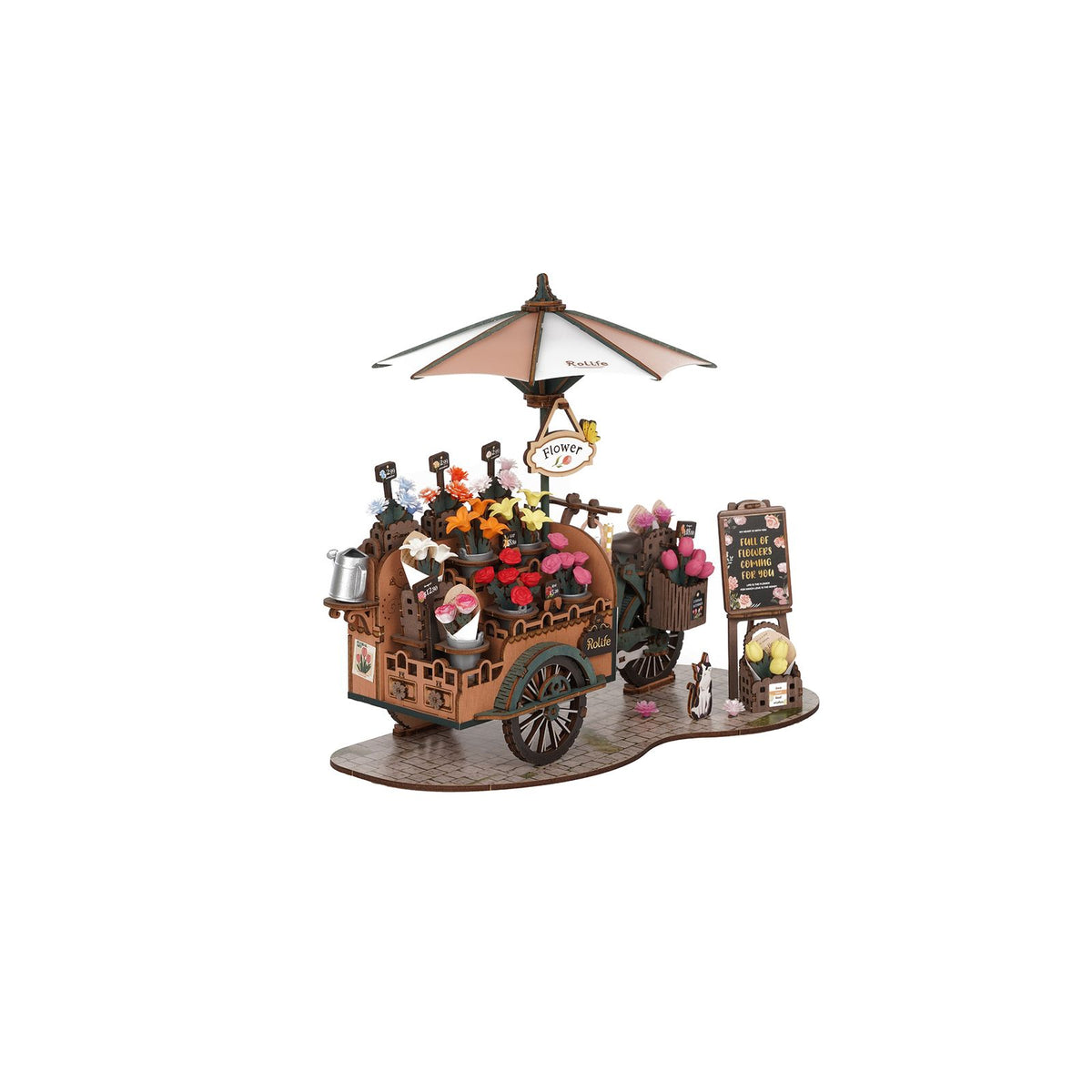 Blumeneimer und Gießkanne am Rolife 3D Holzpuzzle Blossom Cart