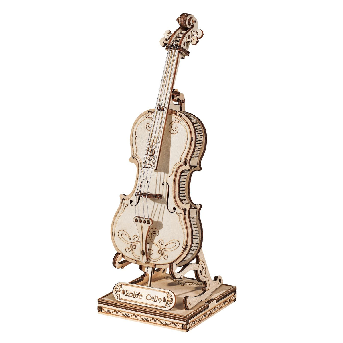 Rolife 3D Holzpuzzle Cello TG411 fertig aufgebaut mit Bogen und Ständer