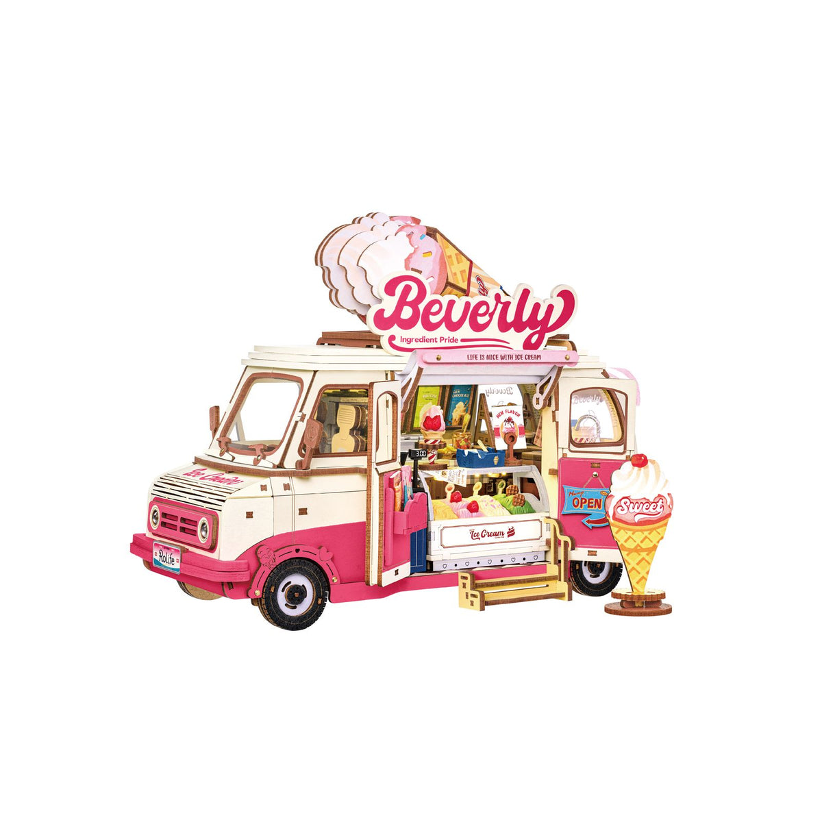 Rolife 3D Holzpuzzle Beverly’s Ice Cream Truck TGS06 – rosafarbener Vintage-Eiswagen fertig aufgebaut