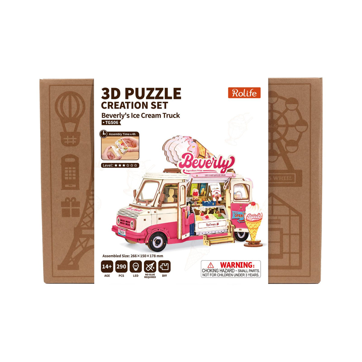 Rolife Eiswagen neben Blossom Cart, Aromatic Coffee Cart und Cocoa Shop als Miniaturwelt
