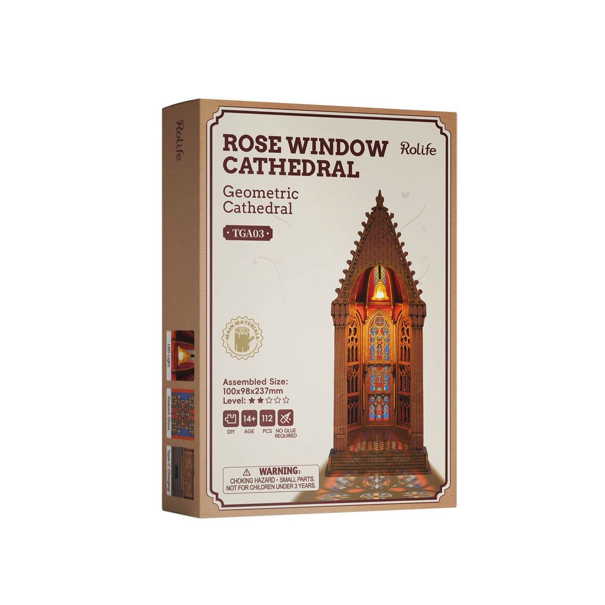 Rolife 3D Holzpuzzle Geometric Cathedral TGA03 – beleuchtete Miniatur-Kathedrale mit Buntglasfenstern