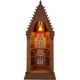 Rolife Geometric Cathedral Innenansicht mit Podest, Buntglas und großer Lampe unter dem Dachfirst
