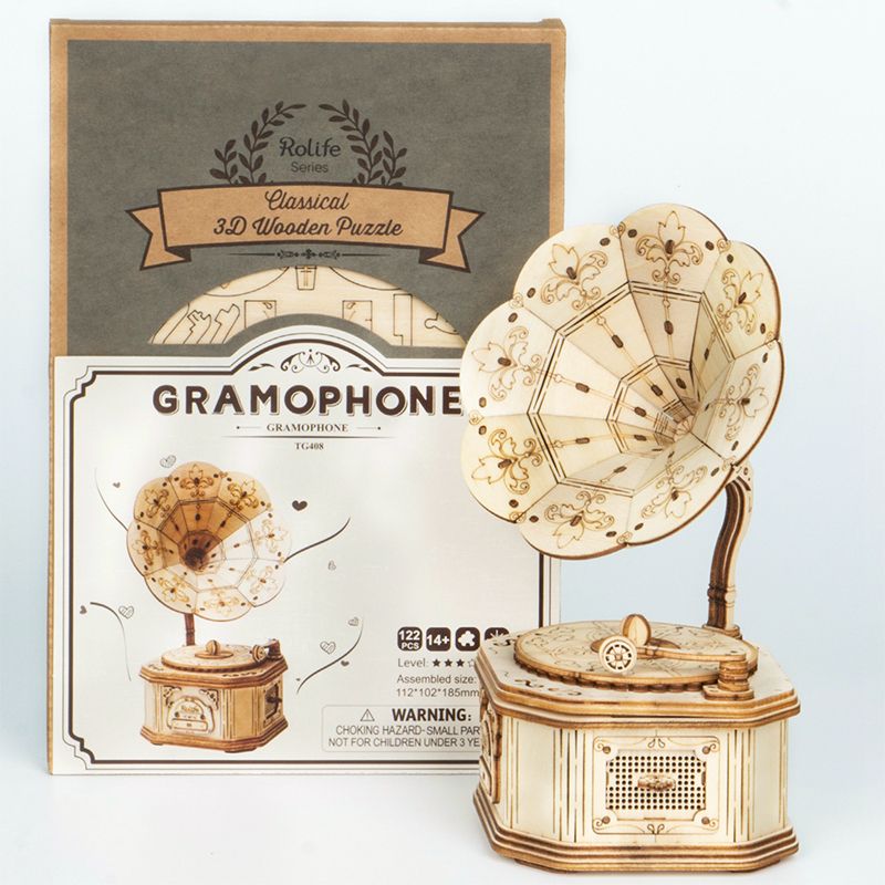 Rolife Grammophon als Geschenkidee, bemalt in Kupfer und Dunkelbraun